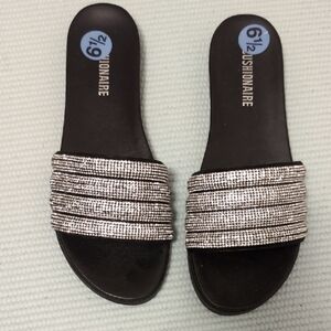 New Women's Black and Silver Rinestone Slide Sandals